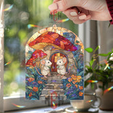 Mice Mushroom House Acrylic Suncatcher, Cute Woodland Window Decor, Stained Glass Style Art, Fairy Tale Gift for Nature Lovers